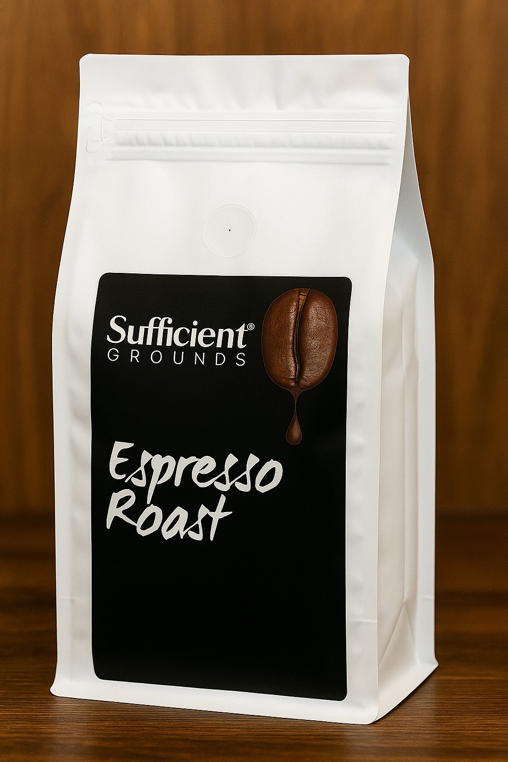 Examples of Stock Coffee Bag with a Full Color Label Printed and applied. Also K-Cup and Ground Portion Pack Private Label Coffee Packaging