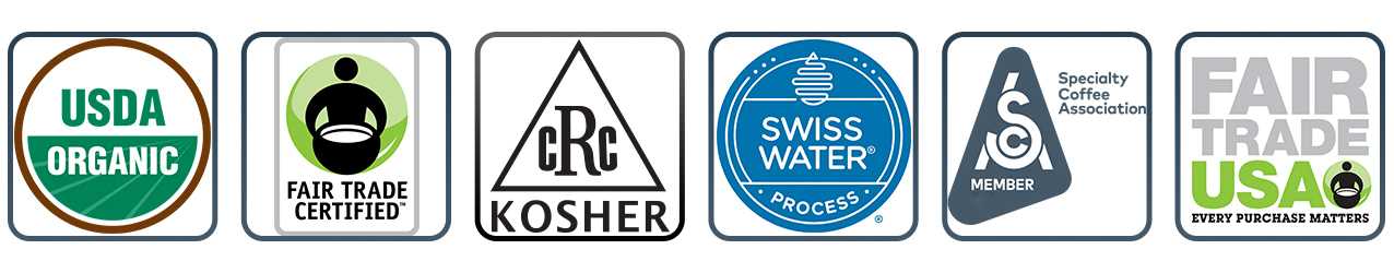USDA Organic Certified, Fair Trade Certified, Kosher Certified, Swiss Water Process Certified Logos